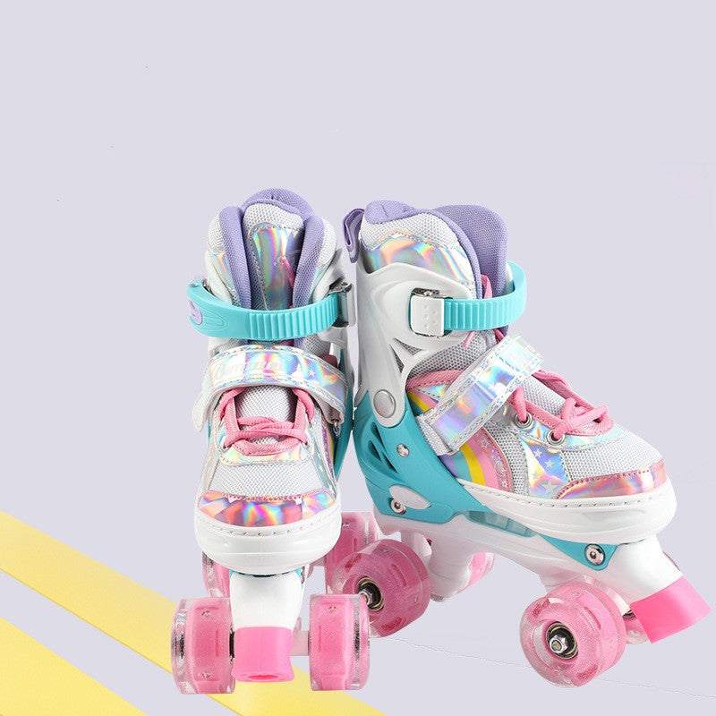 Children's double row four wheel full flash skates in rainbow colors