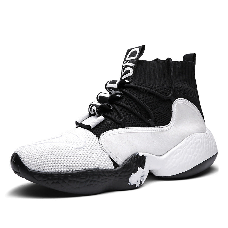 High-top men's flying knit socks shoes in black and yellow
