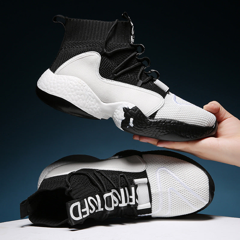 New high-top men's shoes with breathable flying knit socks in black and yellow