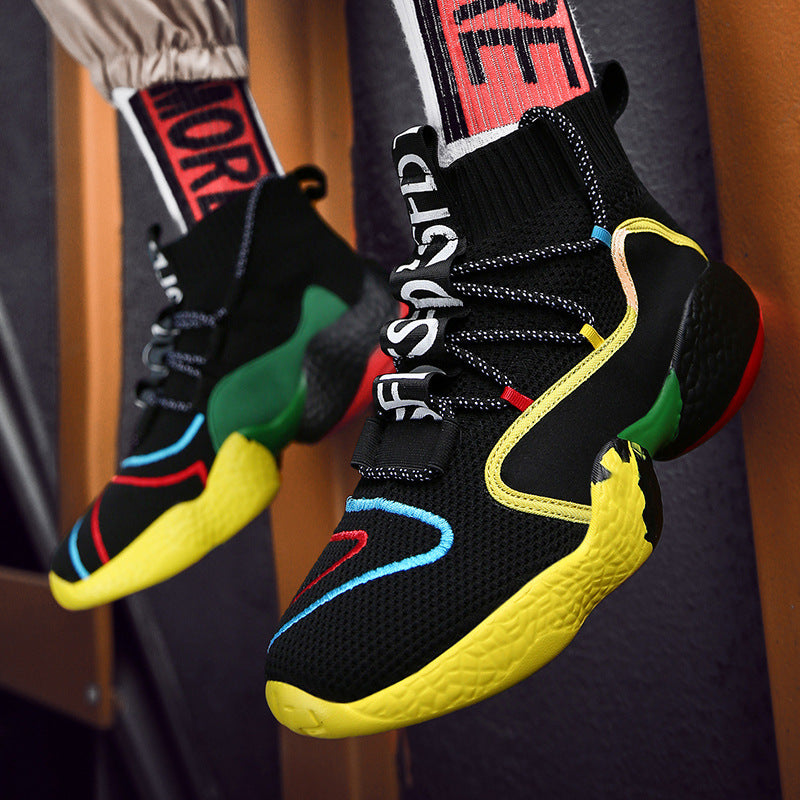 Men's high-top flying knit socks shoes breathable PU sole black yellow