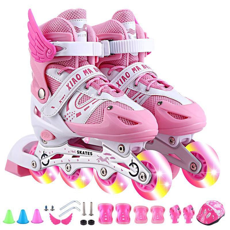 pink kids roller skates with adjustable sizes and flashing wheels