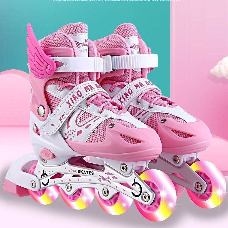 Pink kids roller skates with adjustable sizes and flashing wheels