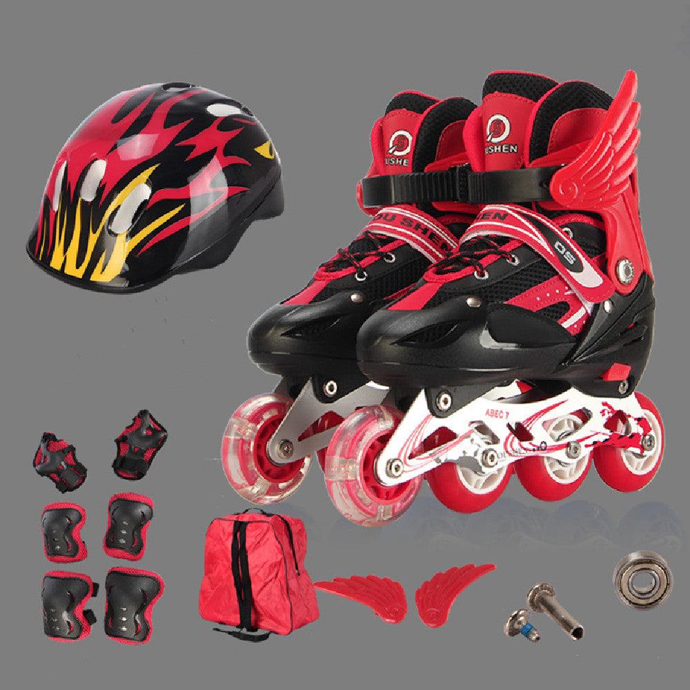 PU single adjustable children skating shoes in multiple colors with protective gear